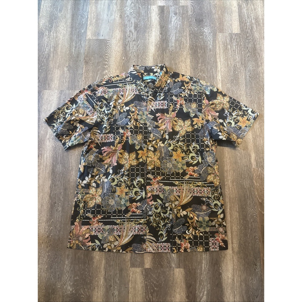 Tori Richard Hawaiian Shirt Mens XL Black Tropical Leaf Print Made in USA